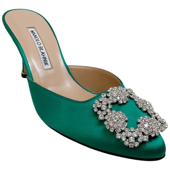 Manolo Blahnik Green Satin Hangisimu Mules